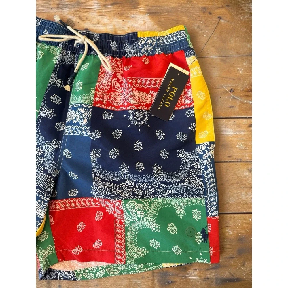 Polo Ralph Lauren Pony Bandana Patchwork Traveler Surf Swim Trunks Men's L NWT